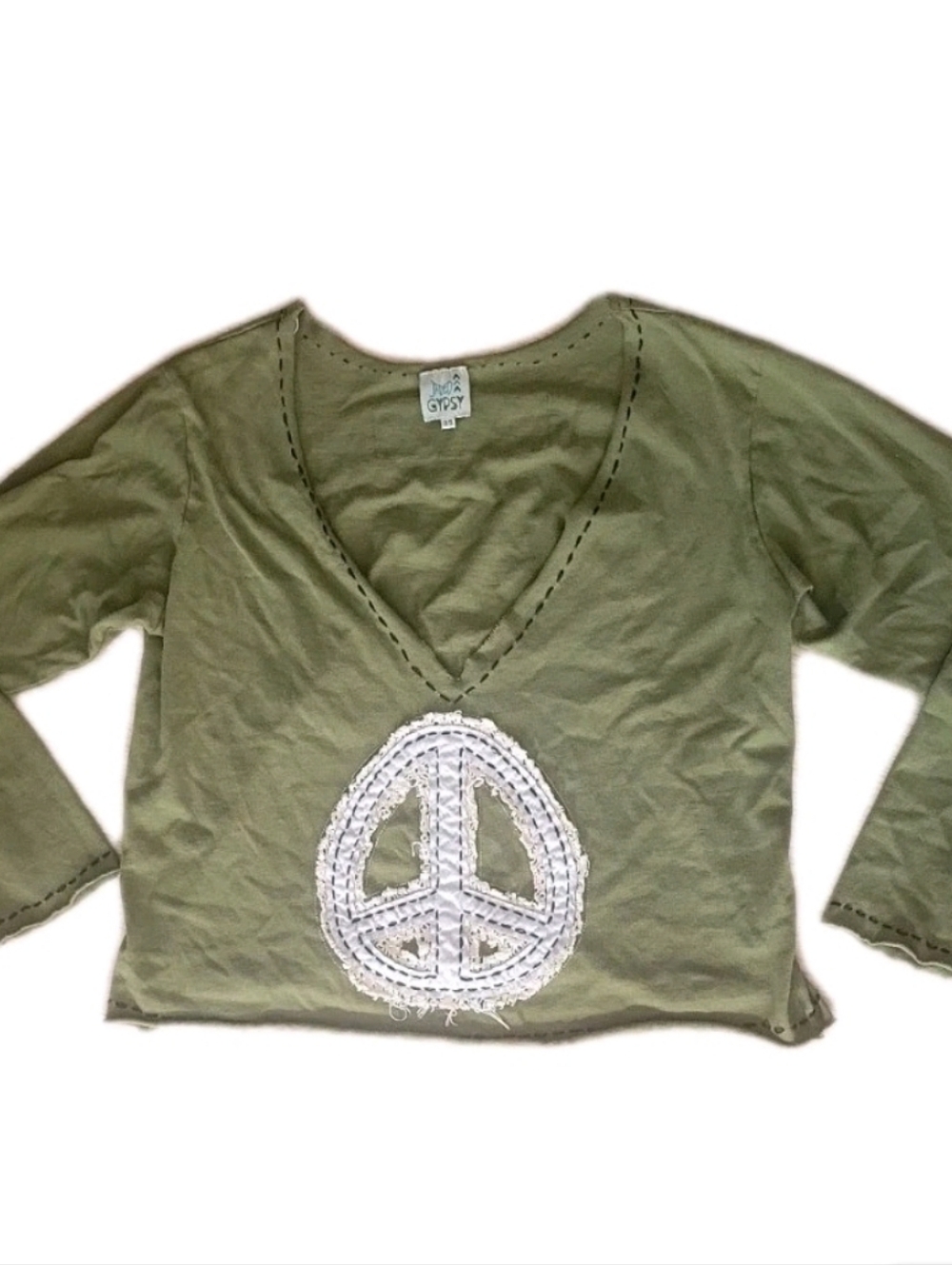 Jaded Gypsy $189 Boho Gypsy Olive Green Low Vneck Peace Logo Top Sz O/S
